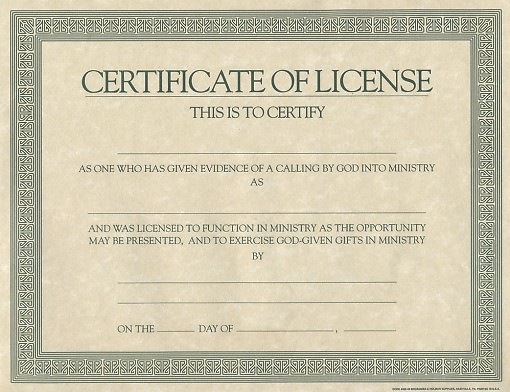 Certificate License for Minister Cokesbury