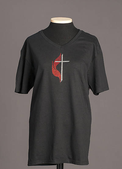Picture of Black V-Neck Cross and Flame Bling T-Shirt - MED