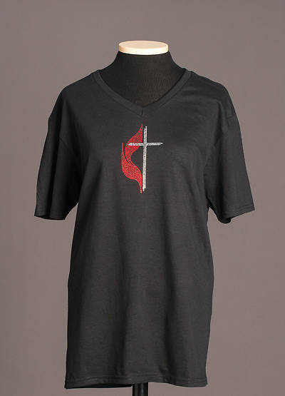 Picture of Black V-Neck Cross and Flame Bling T-Shirt - SM