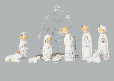 Picture of 9PC White and Bisque Silver Nativity Set with Arched Stand