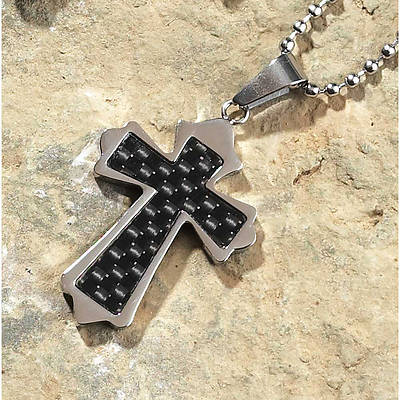 Picture of Stainless Budded Carbon Fiber Centre Cross Necklace - 24" Chain