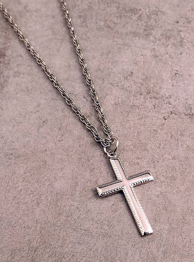 Picture of Men's Silver Cross with Etched Border - 24" Rope Chain