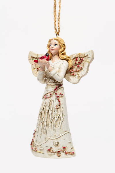 Picture of Birch Berries Blonde Angel Holding Cardinal Ornament