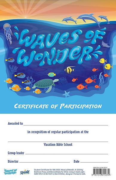 Picture of Vacation Bible School VBS 2025 Waves of Wonder Student Participation Certificates PK20