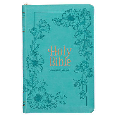 Picture of KJV Holy Bible, Standard Size Faux Leather Red Letter Edition - Thumb Index & Ribbon Marker, King James Version, Teal Floral Zipper Closure