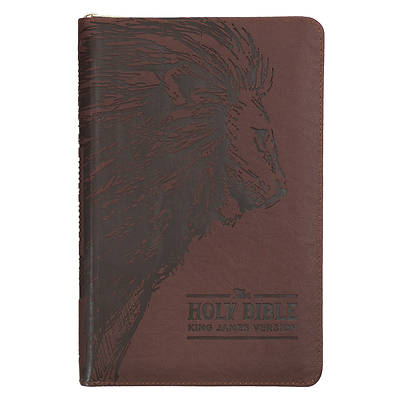 Picture of KJV Holy Bible, Standard Size Faux Leather Red Letter Edition - Thumb Index & Ribbon Marker, King James Version, Brown Lion Zipper Closure