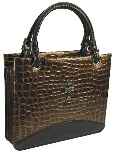 Picture of Crocodile Embossed Large Purse Style Brown Bible Cover with Silver Cross