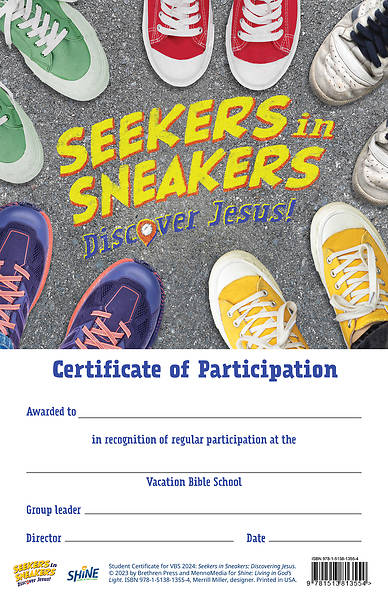 Picture of Vacation Bible School VBS 2024 Seekers in Sneakers Student Participation Certificates PK20
