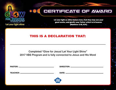 Picture of Vacation Bible School (VBS) 2017 Glow For Jesus Certificate of Award for Youth (Pack of 25)