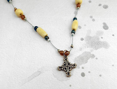 Picture of Aqua & Bone Pendant Pewter Filigree Cross Necklace