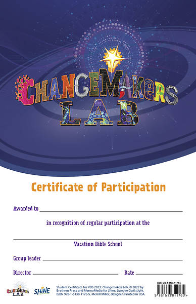 Picture of Vacation Bible School VBS 2023 PK20 Changemakers Lab Student Participation Certificates