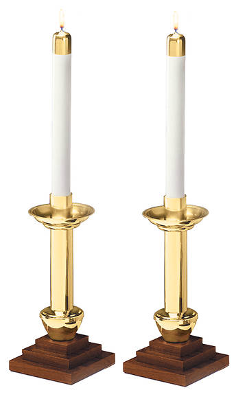 Picture of PAIR 8 3/4" SILVERPLATE CHAPEL LINE CANDLESTICKS WITH OAK  BASE