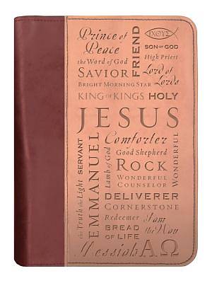 Picture of Names of Jesus Italian Duo-Tone Large Tan/Burgundy Bible Cover