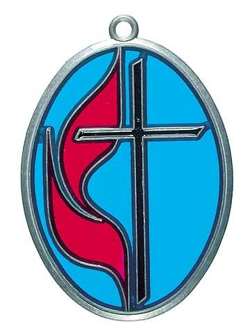 Picture of United Methodist Cross and Flame Suncatcher - Blue Glass/Pewter Finish
