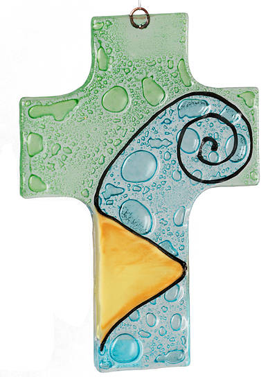 Picture of Medium Fused Glass Cross - Yellow, Blue and Green
