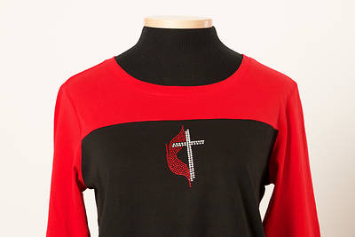 Picture of Two-Tone Junior  Rally Tee with Rhinestone Cross and Flame Red/Black - Large