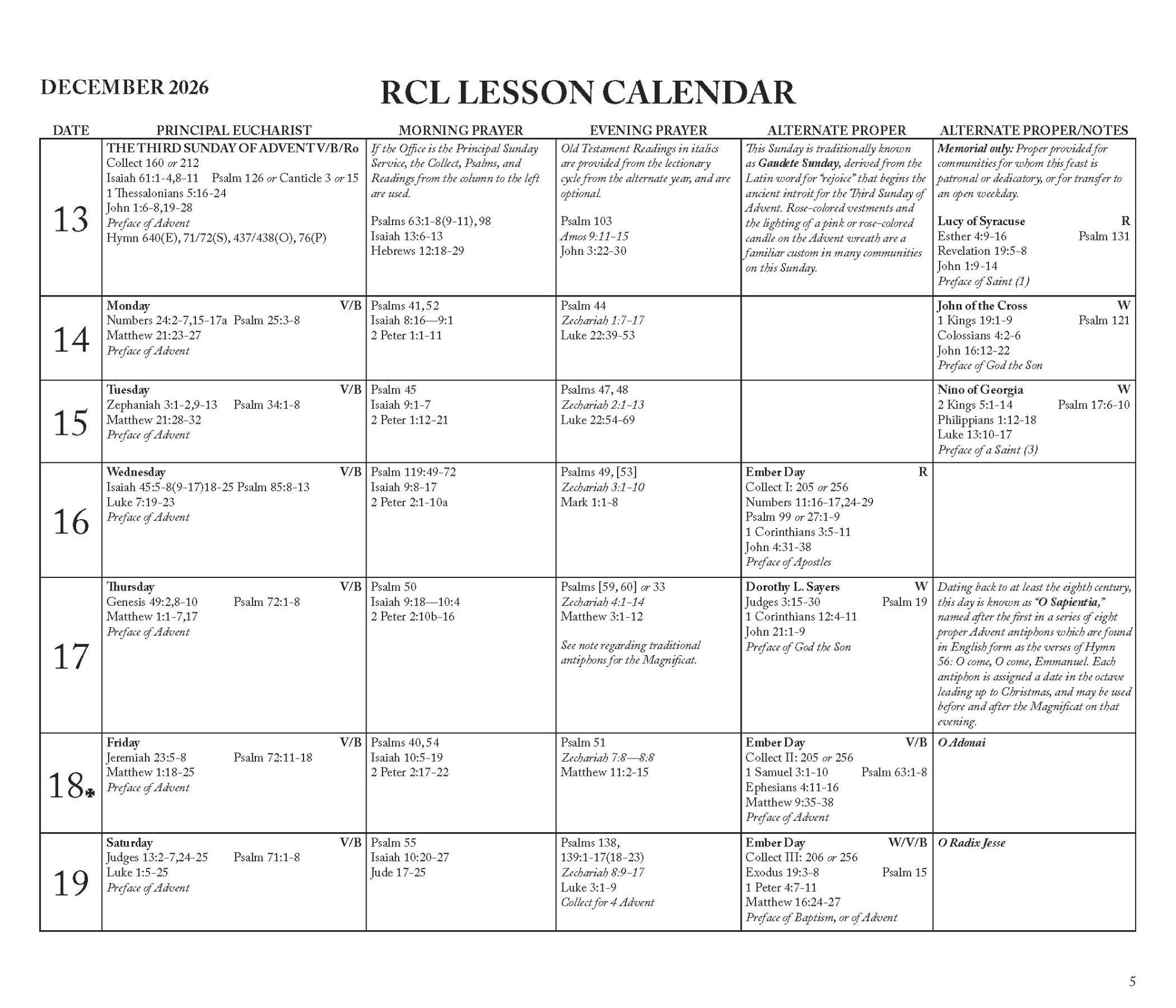2027 Episcopal Revised Common Lectionary Lesson Calendar