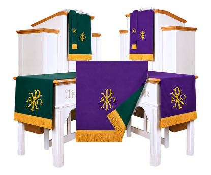 Picture of 3-Piece Reversible Parament Set (Bookmark, Pulpit Scarf, Table Runner 20"×80") Purple/Green with Alpha Omega