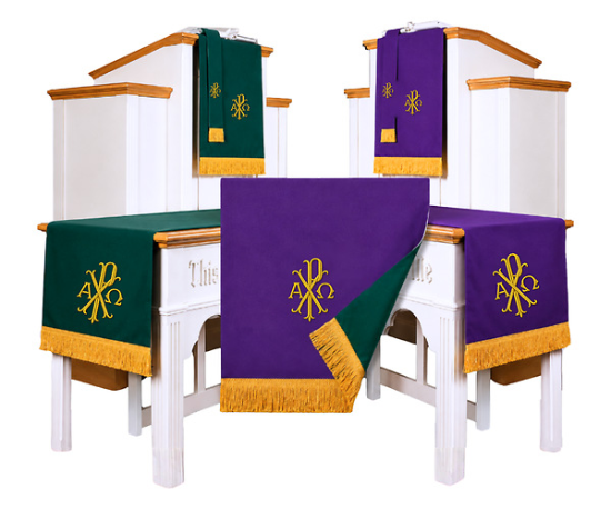 Picture of 3-Piece Reversible Parament Set (Bookmark, Pulpit Scarf, Table Runner 20"×80") Purple/Green with Alpha Omega