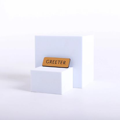 Picture of Contemporary Engraved Gold Greeter Pin-On Badge